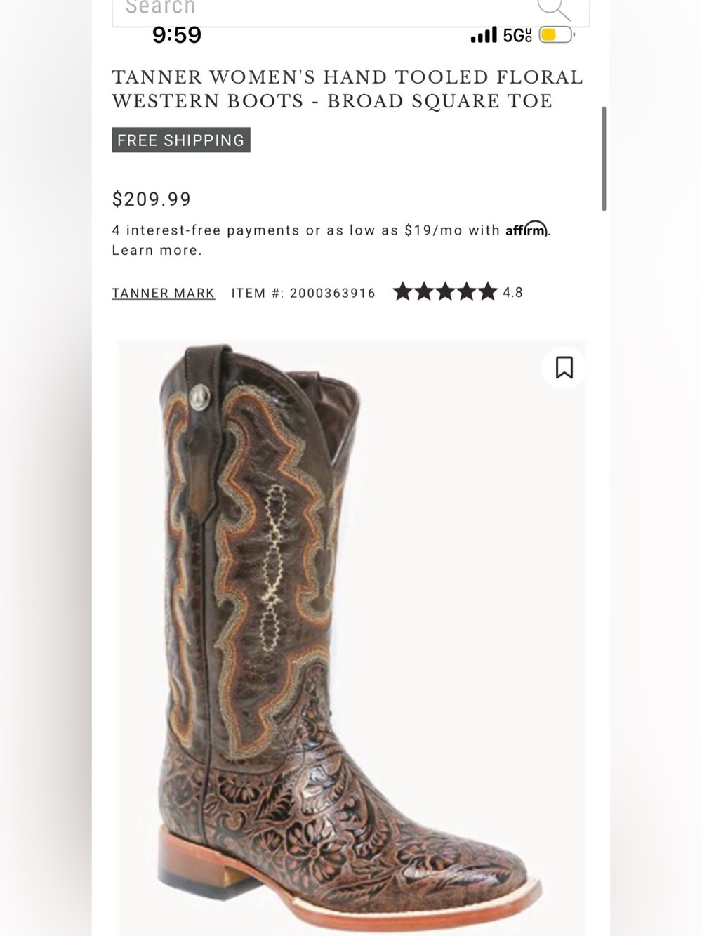Tanner Mark Hand-Tooled Floral Western Boots in Dark Brown with Tan Accents.